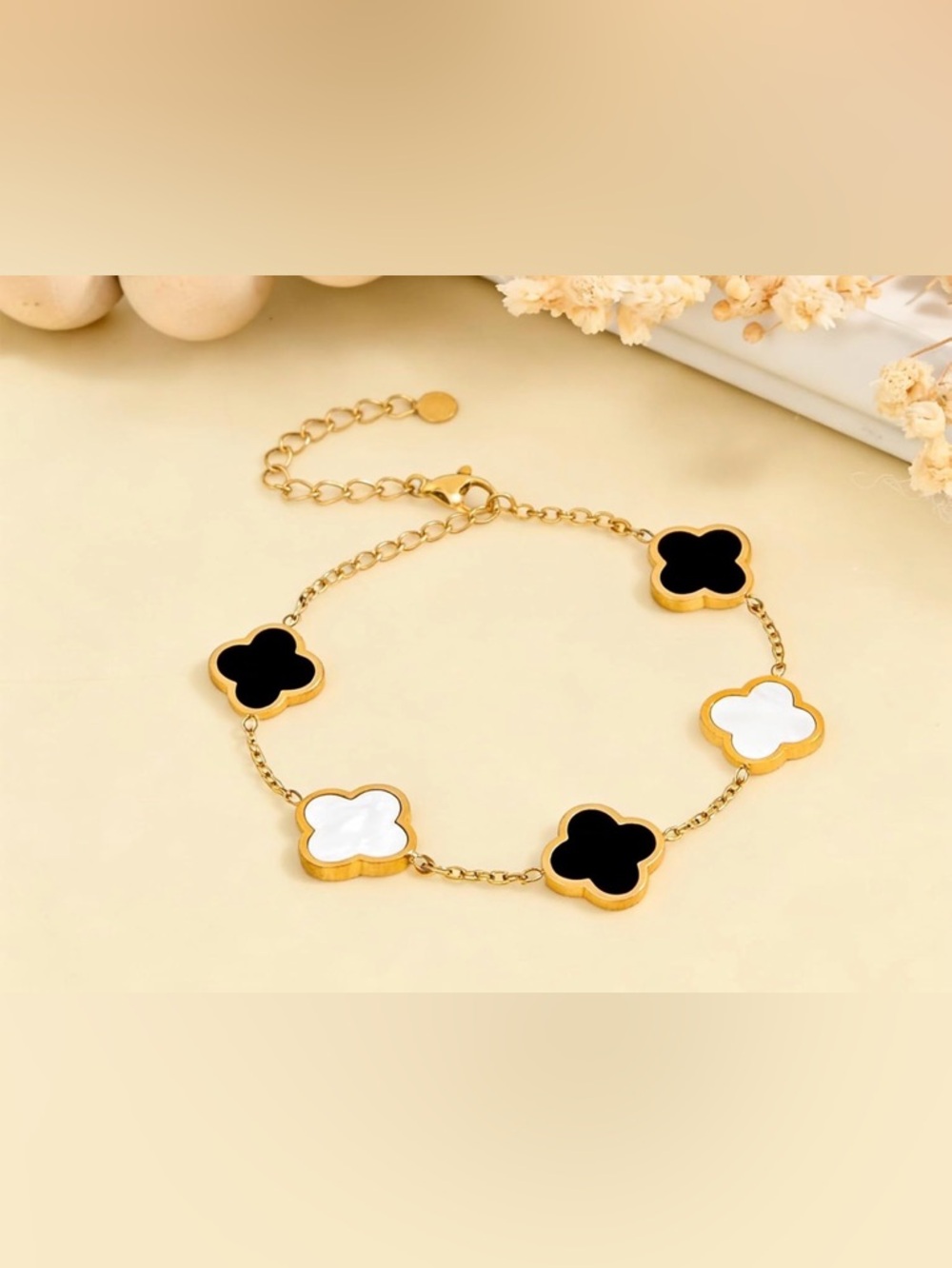 Gold Tone Black and White Clover Link Bracelet - Picture 5 of 5